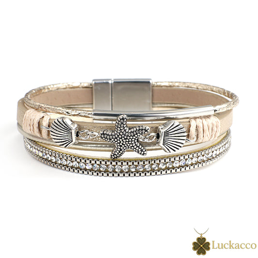 Luckacco ALLYES Charm Starfish Shell Leather Bracelet for Women Men Boho Metal Tube Crystal Beads Chain Bracelets & Bangles Beach Jewelry