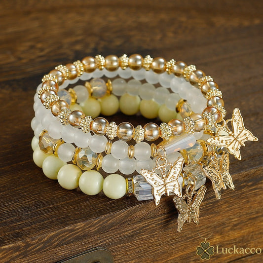 Luckacco 4pcs Set Bohemia Exquisite Acrylic Beaded Crystal Butterfly Bracelet for Women Charm Multilayer Pearl Bangle Jewelry Friend Gift