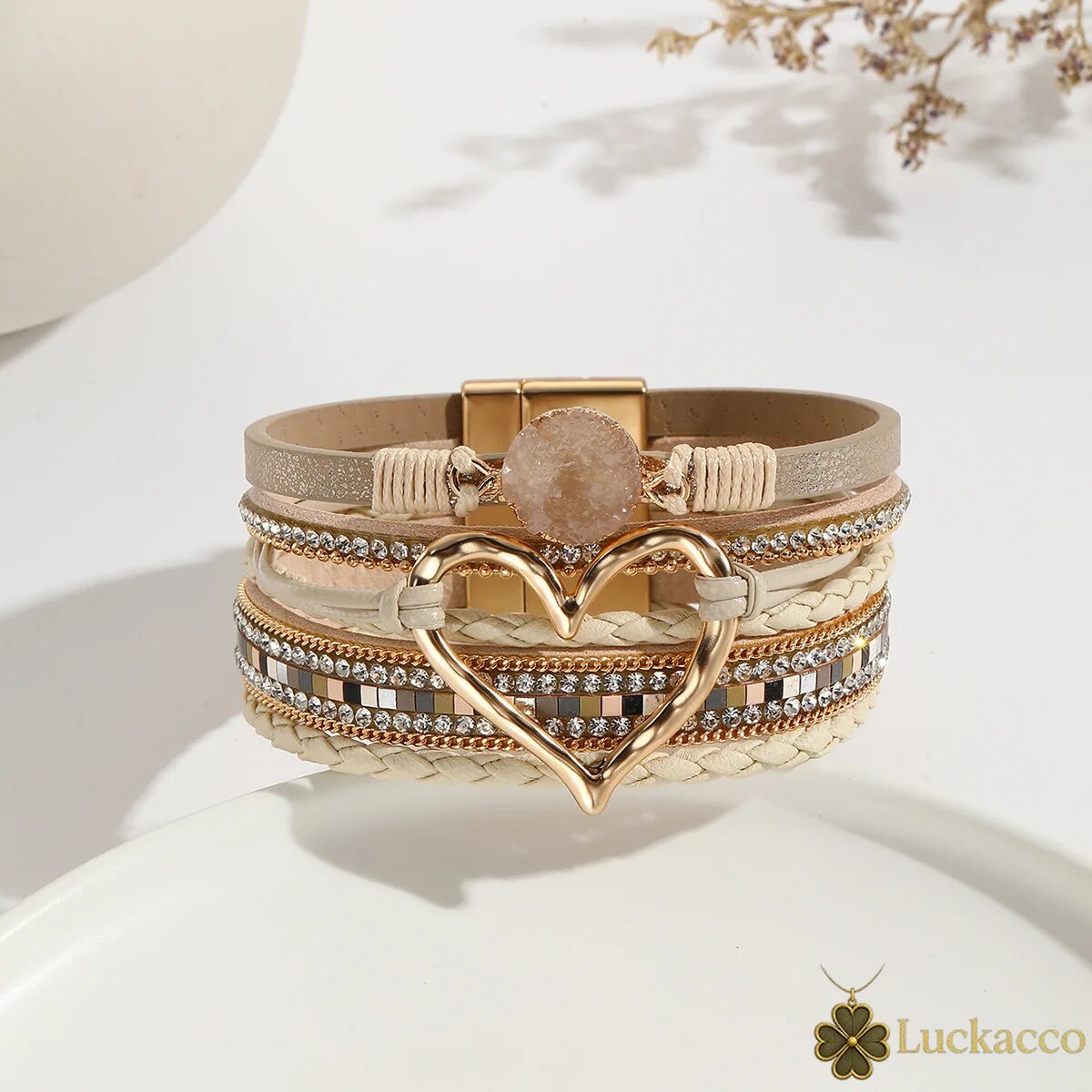 luckacco new metal love heart charm leather bracelets for women fashion bohemian rhinestone resin wrap bracelet bangle couple jewelry