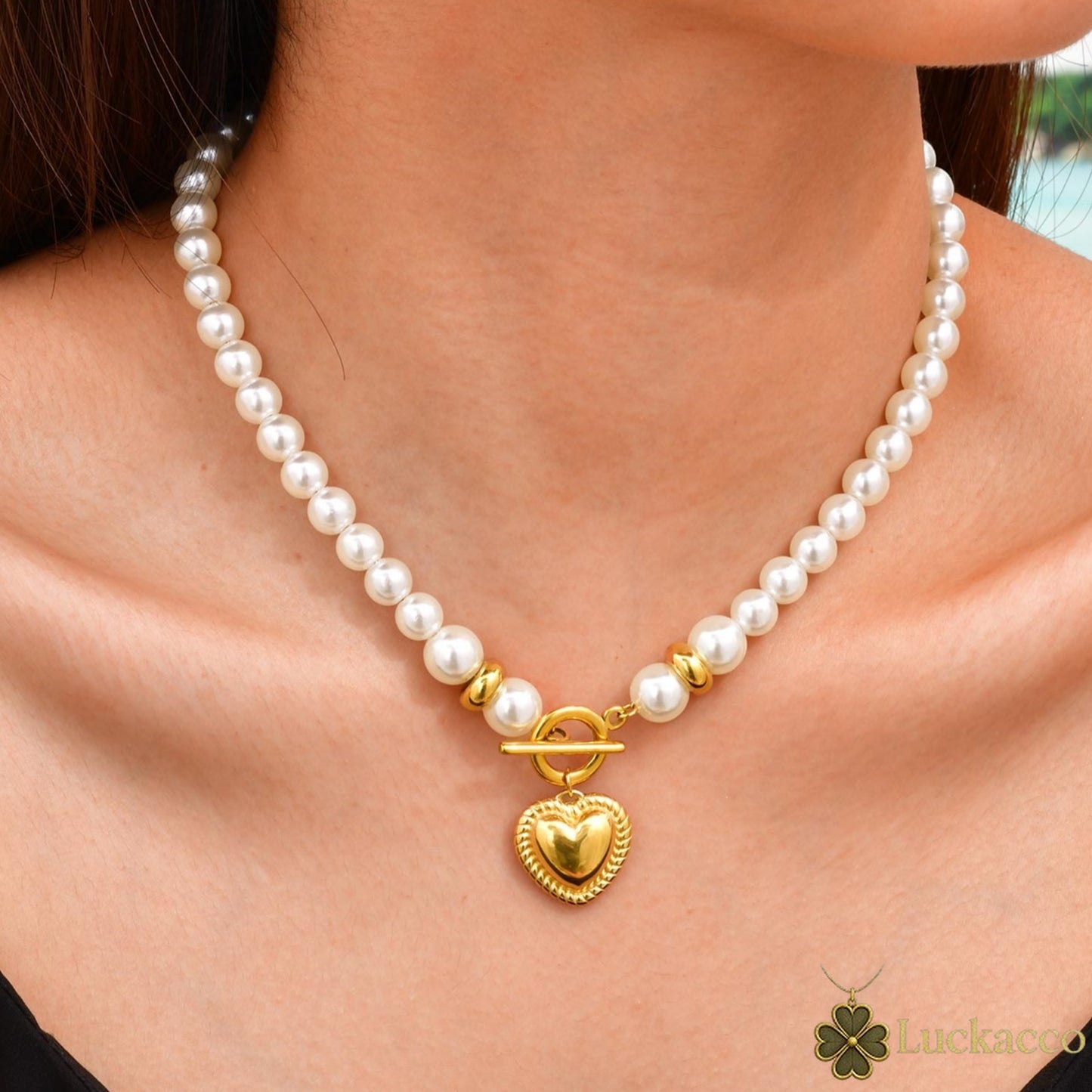 luckacco high quality imitation pearl beaded necklace, stainless steel ot buckle heart pendant choker, luxury statement jewelry for women