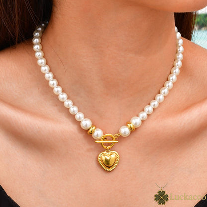Luckacco High Quality Imitation Pearl Beaded Necklace, Stainless Steel OT Buckle Heart Pendant Choker, Luxury Statement Jewelry for Women