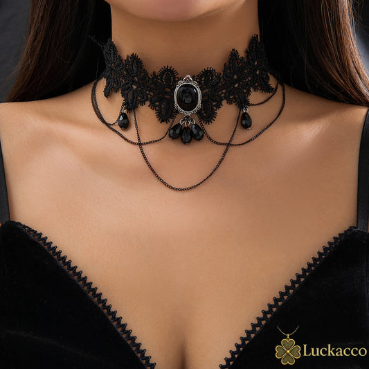 Luckacco Lacteo Gothic Black Lace Rope Chain Necklace Crystal Beads Geometric Charm Chokers Collar Girls Women Party Y2K Jewelry New