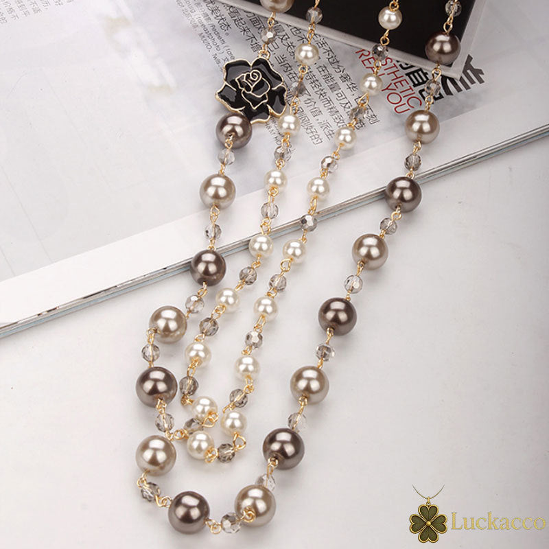 luckacco korean camellia double layerd sweater long chain pearl necklace pendant jewelry for women party
