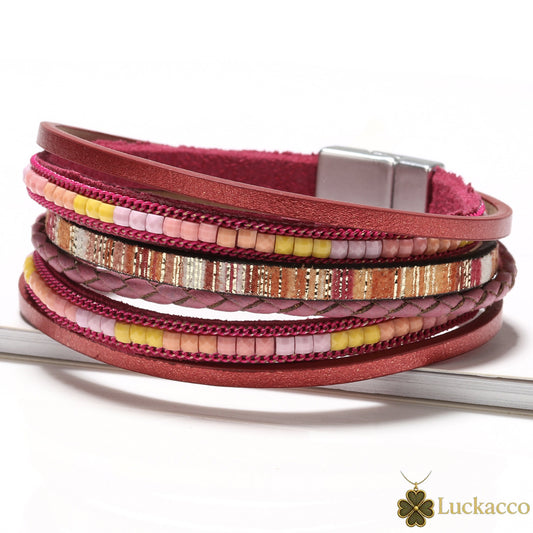 Luckacco Multilayer Brown Leather Bracelet For Women Fashion Creative Bohemian Hand Woven Magnetic Clasp Bracelet