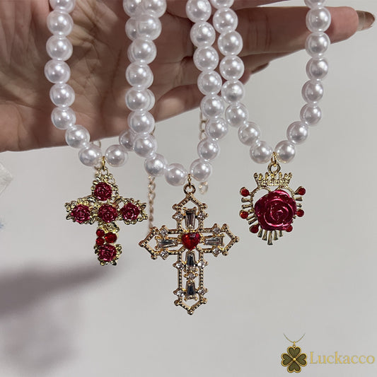 Luckacco Vintage Red Rose Baroque Cross Pearl Pendant Necklace for Women's Palace Aesthetic Jewelry