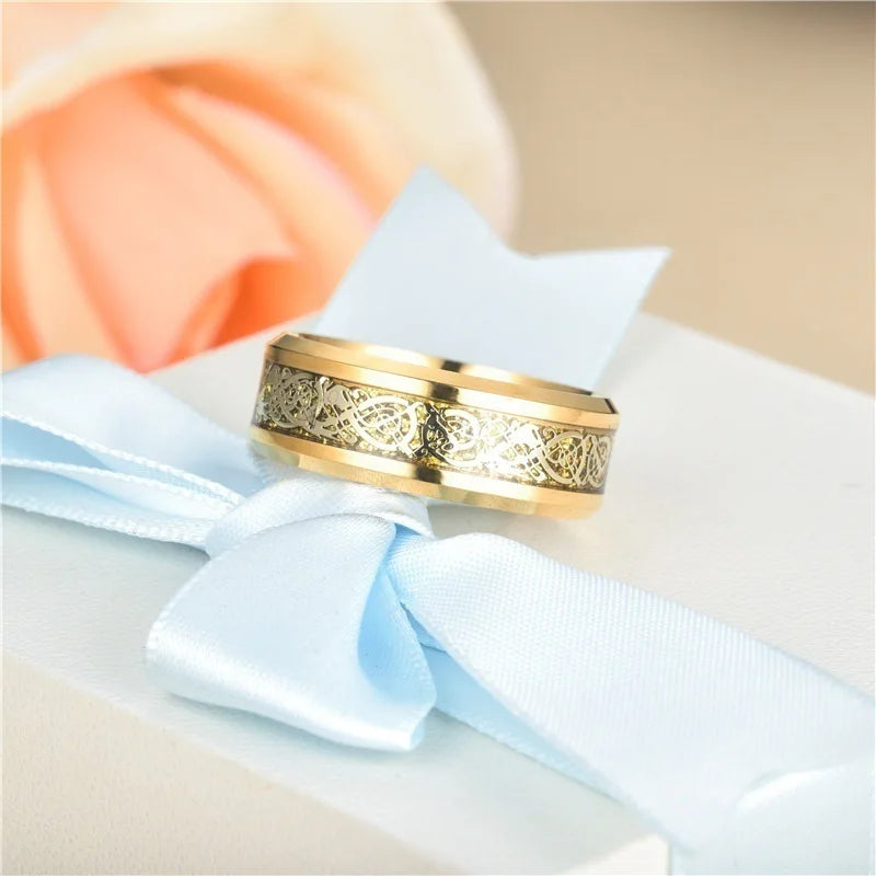 luckacco fashion couple rings luxury gold color women rhinestones zircon rings set men stainless steel celtic dragon ring wedding jewelry