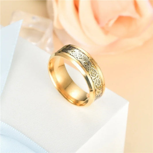 Luckacco Fashion Couple Rings Luxury Gold Color Women Rhinestones Zircon Rings Set Men Stainless Steel Celtic Dragon Ring Wedding Jewelry