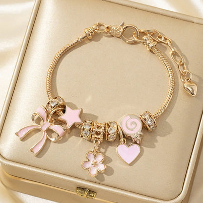 Luckacco 1pc Women's Adjustable Gold Color Rhinestone Butterfly Heart Lollipop Beads Bracelets Elegant Jewelry Daily Wear Party Gifts