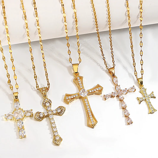 Luckacco Religious Cross Necklace For Women Men Stainless Steel Chain Necklaces Christian Pendant Collar Pray Baptism Christmas Gift