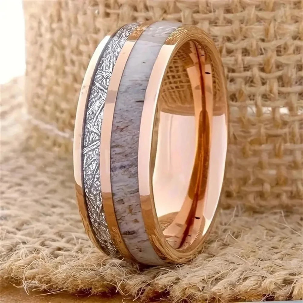 luckacco fashion 8mm men stainless steel rings inlay meteorite abalone shell rings for men women wedding engagement band jewelry gift