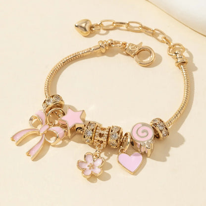 Luckacco 1pc Women's Adjustable Gold Color Rhinestone Butterfly Heart Lollipop Beads Bracelets Elegant Jewelry Daily Wear Party Gifts