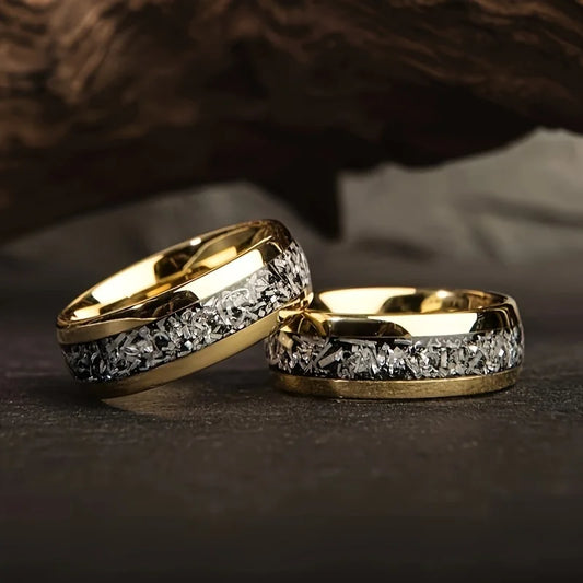Luckacco Fashion 8mm Men Stainless Steel Rings Inlay Meteorite Abalone Shell Rings For Men Women Wedding Engagement Band Jewelry Gift