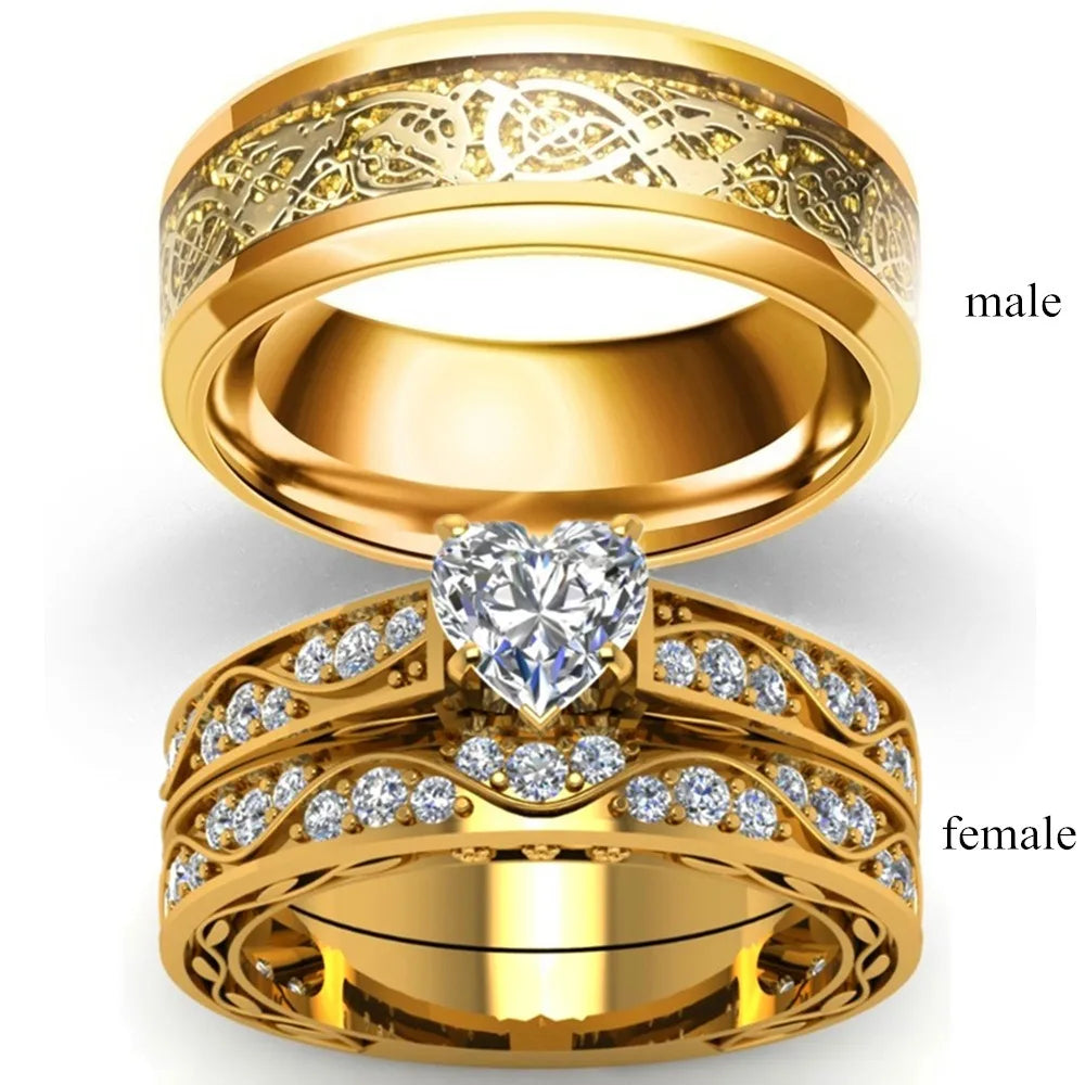 luckacco fashion couple rings luxury gold color women rhinestones zircon rings set men stainless steel celtic dragon ring wedding jewelry