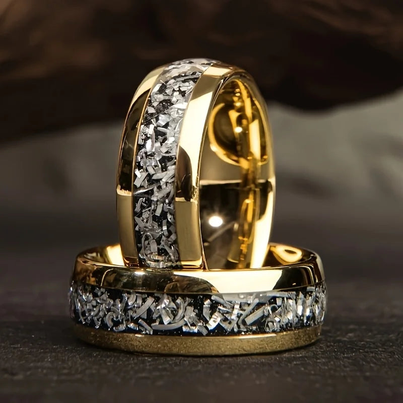 luckacco fashion 8mm men stainless steel rings inlay meteorite abalone shell rings for men women wedding engagement band jewelry gift