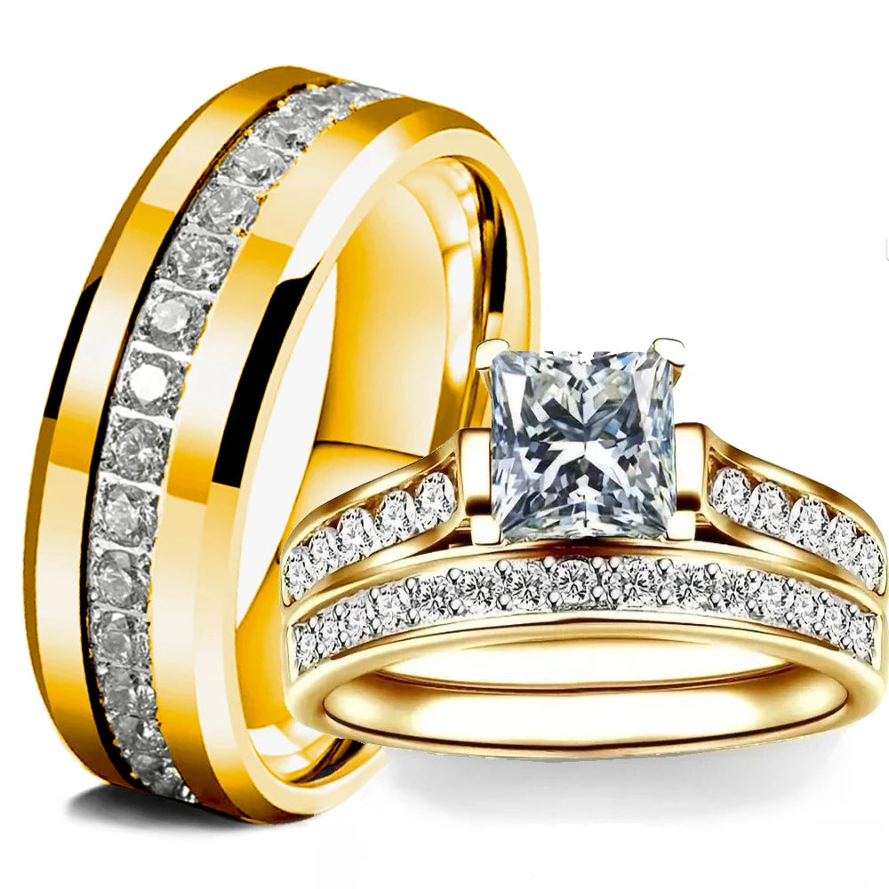 luckacco couple rings exquisite women rhinestones zirconia rings set simple gold color men stainless steel cz stone rings wedding jewelry