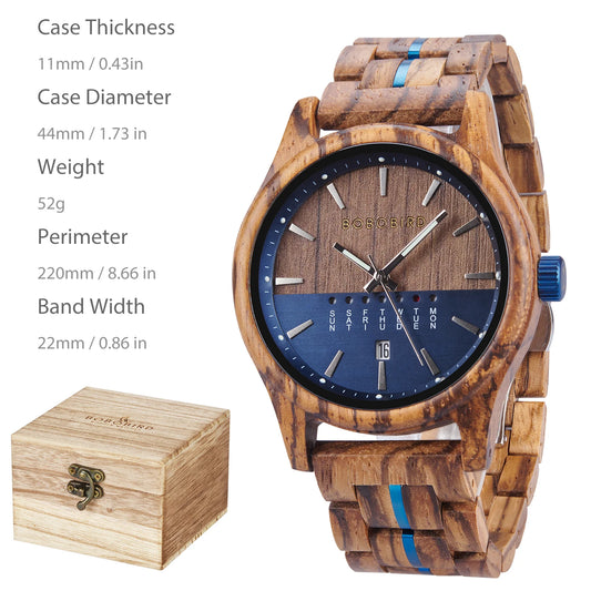 Luckacco BOBO BIRD Wooden Quartz Watch Vintage Man Watch With Calendar Original Luxury Brands Men's Wooden Wristwatch 2024 New Arrival