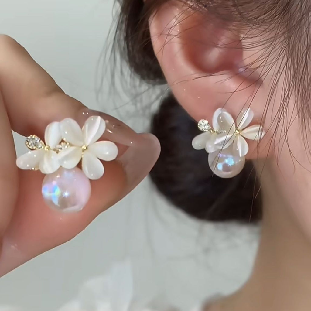 Korean Style Crystal Flower Imitation Pearl Stud Earrings For Women Girls Sweet Statement Flower Earring Party Jewelry Gifts -  - Luckacco Jewelry and Watch Store