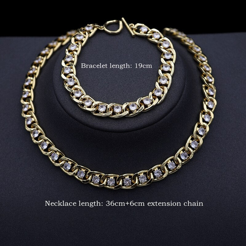 Luxury Dubai Gold Color Jewelry Sets For Women Round Cubic Zirconia Stone Necklace Crystal Bracelet Wedding Bridal Jewelry Set - luckacco