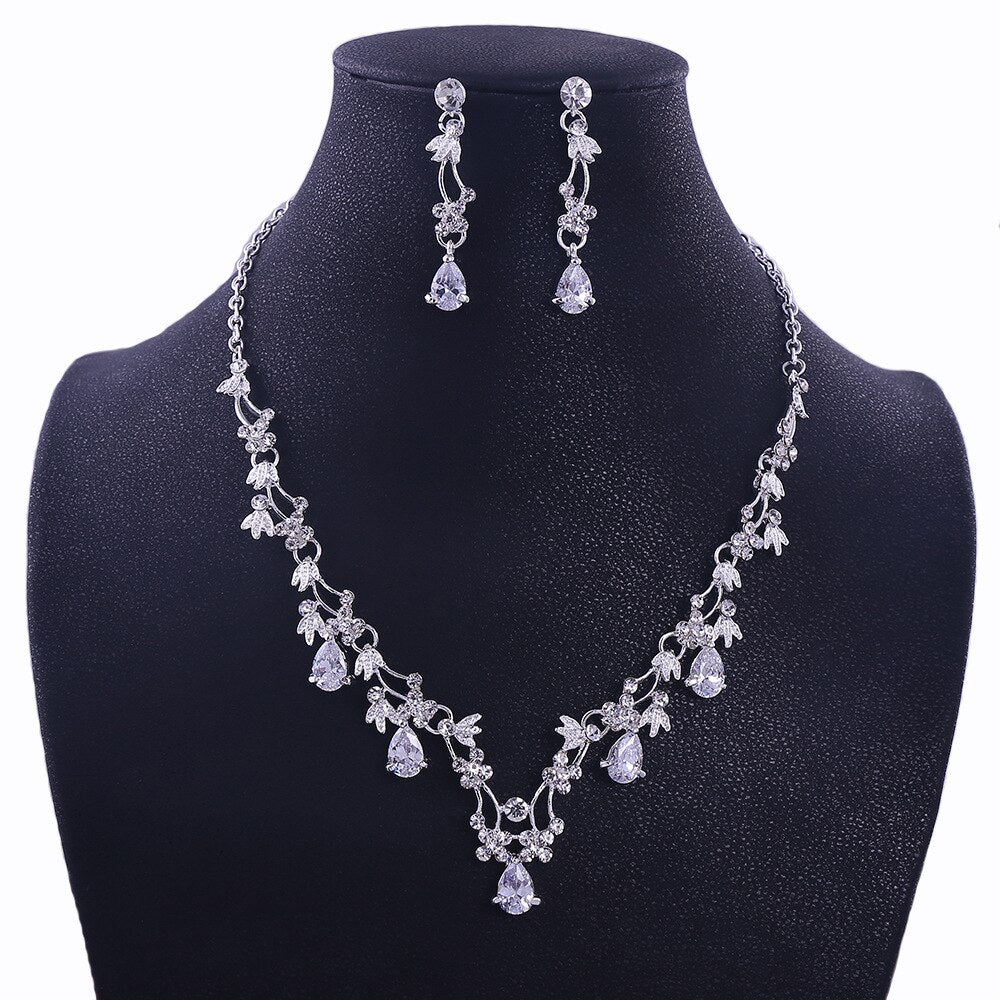 Luxury Sliver Plated Rhinestone Crystal Faux Pearl Necklace Earrings Jewelry Set For Bride Wedding African Costume Jewelry Sets - luckacco