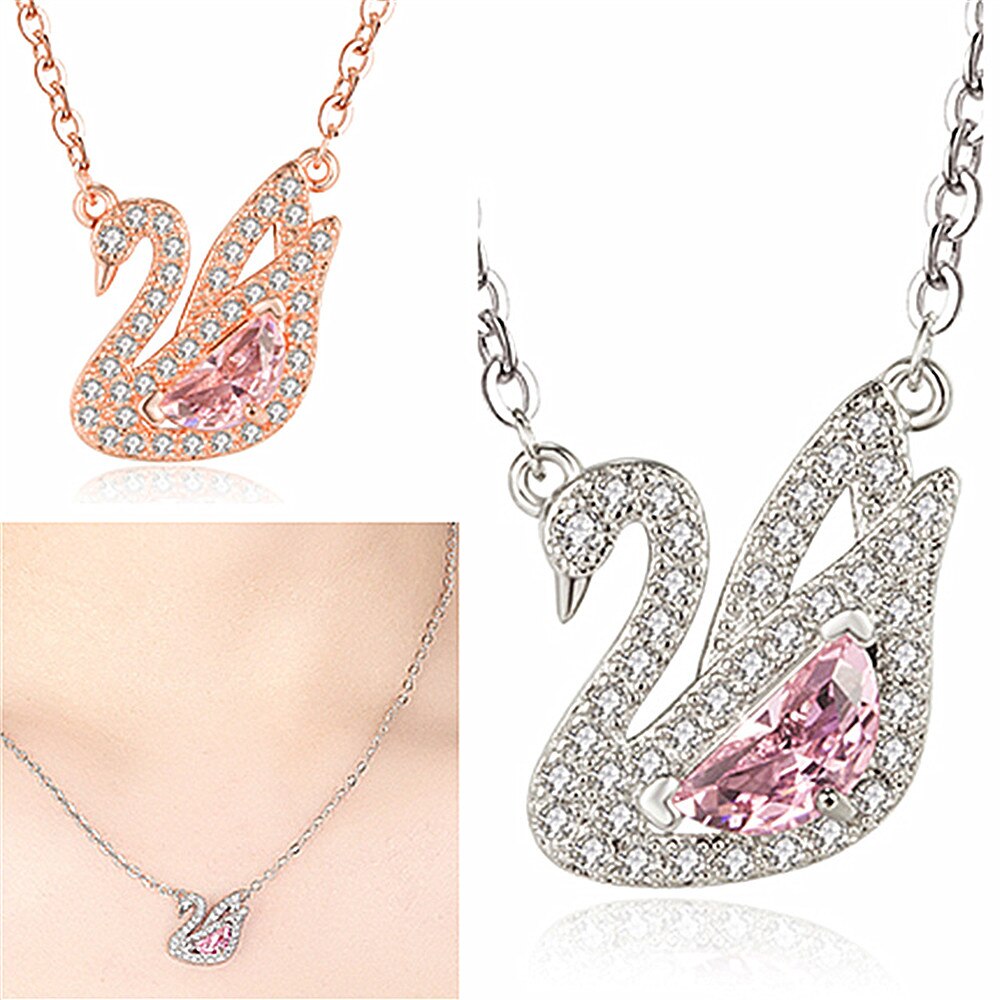 Fashion Swan Pink Crystal Zircon Diamonds Gemstones Pendant Necklaces for Women Girl White Gold Color Choker Jewelry Party Gifts - luckacco