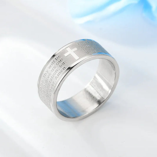 Luckacco Titanium Stainless Steel Cross Ring Russian Orthodox Bible Bible Lord's Prayer Ring Ladies Men Christian Jewelry Gifts