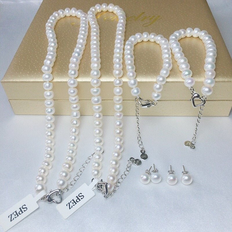 Pearl Jewelry Sets Genuine Natural Freshwater Pearl Necklace Bracelet 925 Sterling Silver Earrings For Women Gift 2021 Trend - luckacco