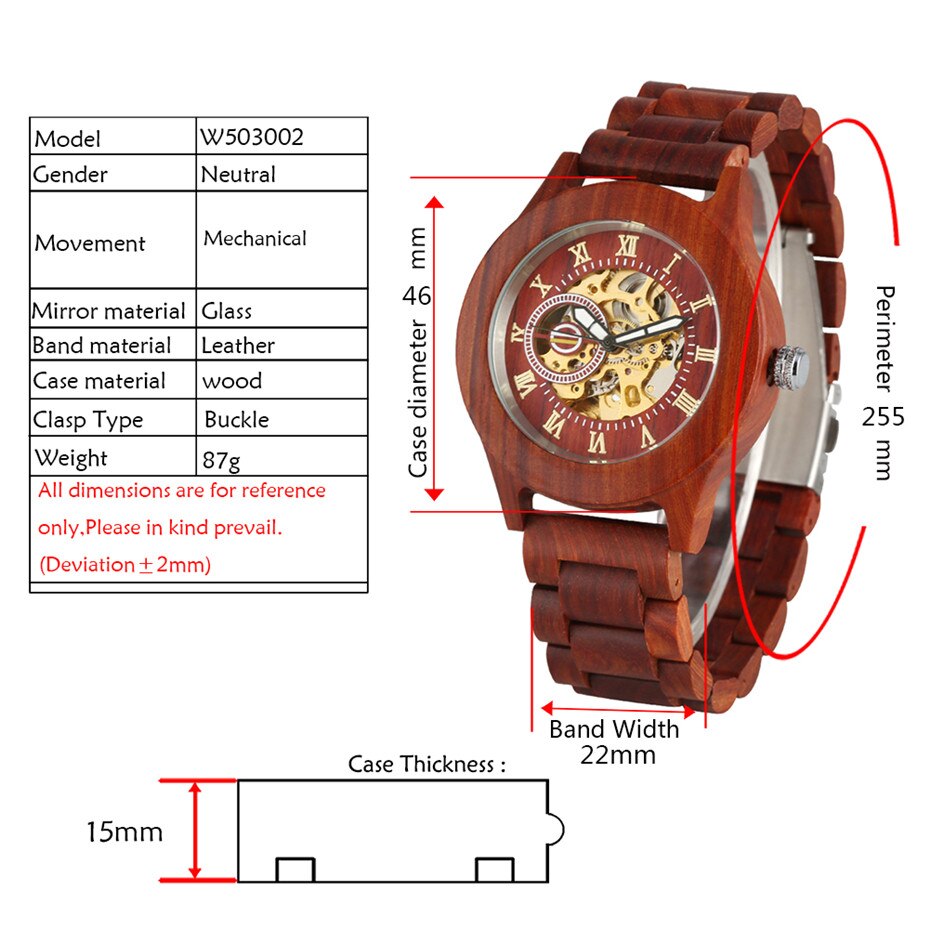 Brown/Red Full Wooden Men Watch Mechanical Self-Winding Wood Wristwatch Luxury Roman Numerals Display Male Automatic Timepiece - luckacco