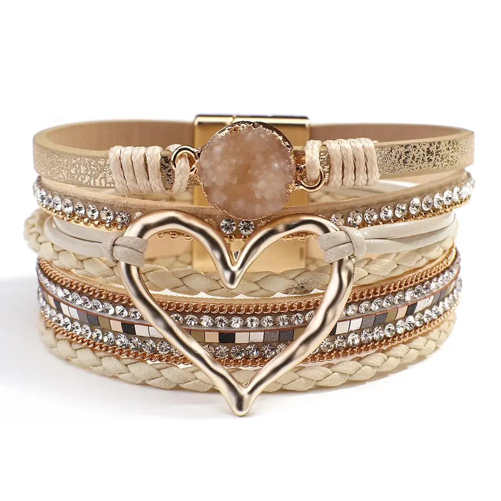 luckacco amorcome fashion braided leather wrap bracelets bangles multilayer resin stone hollow heart charm bracelets women gift pulseira