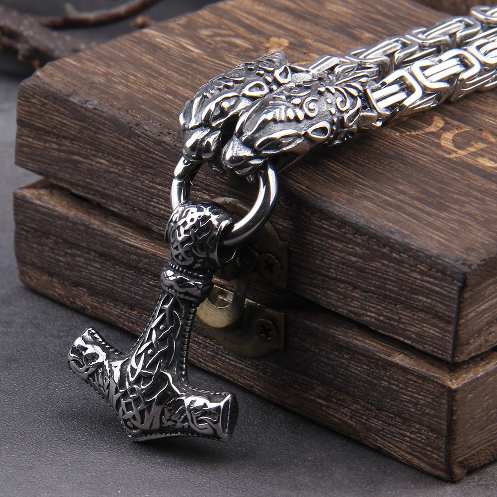 Stainless Steel Wolf Head with Square Chain Necklace thor's hammer mjolnir viking necklace  with wooden box as boyfriend gift - luckacco