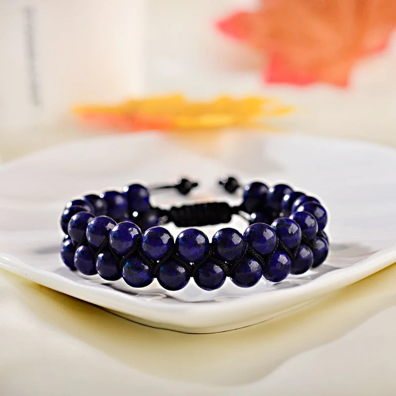 luckacco fashion men tiger eye natutal stone beaded braided bracelet bangles handmade double layer lapis lazuli bracelets hommes
