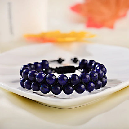 Luckacco Fashion Men Tiger Eye Natutal Stone Beaded Braided Bracelet Bangles Handmade Double Layer Lapis Lazuli Bracelets Hommes