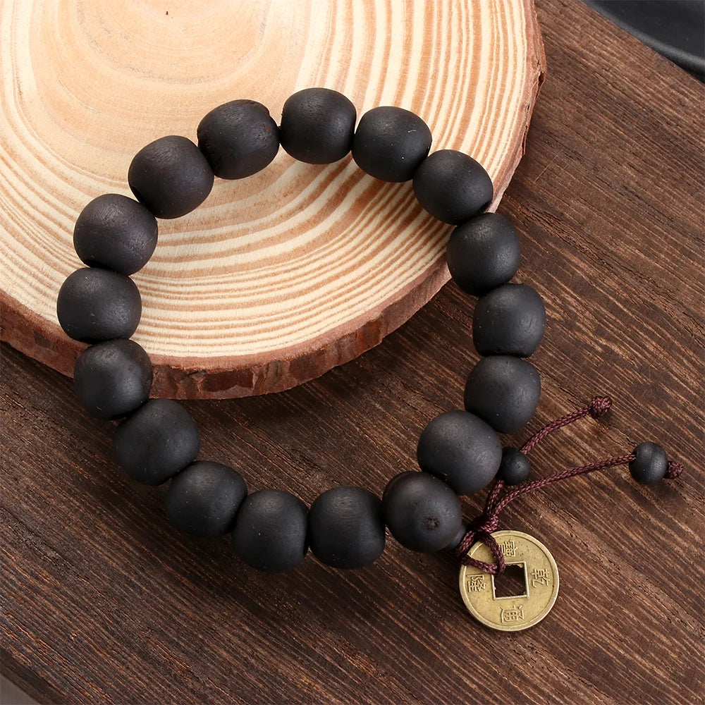 luckacco 1pc wood bead new buddha bracelet buddhist  bangle prayer beads copper coin women men lucky religion bracelets charm jewelry
