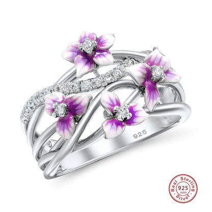 Luckacco Authentic 925 Sterling Silver Stackable Violet Drop Glue Ring Daisies Flower Zircon Finger Ring for Women Jewelry Gift Bijoux