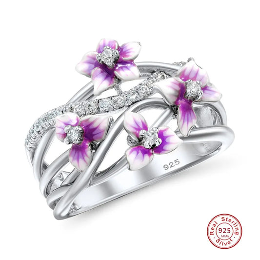 Luckacco Authentic 925 Sterling Silver Stackable Violet Drop Glue Ring Daisies Flower Zircon Finger Ring for Women Jewelry Gift Bijoux