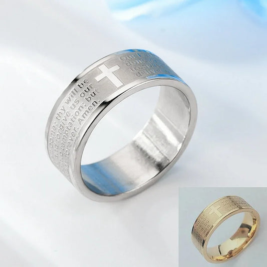 Luckacco Titanium Stainless Steel Cross Ring Russian Orthodox Bible Bible Lord's Prayer Ring Ladies Men Christian Jewelry Gifts
