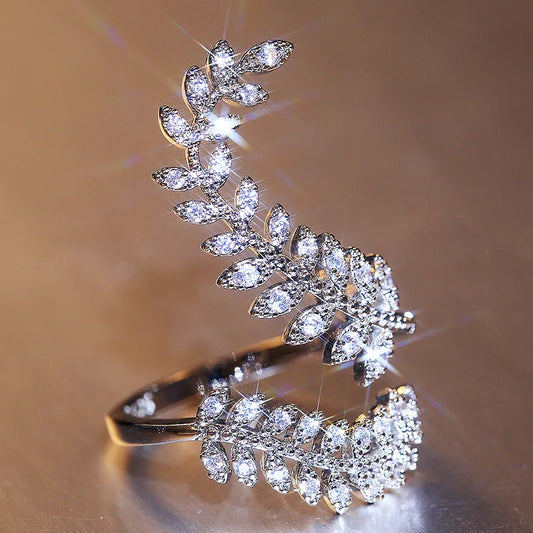 Luckacco daily picks Graceful Leaves Both End of Open Ring Silver Color Girl Cocktail Party Rings Shine Crystal Zircon Fashion Women Jewelry