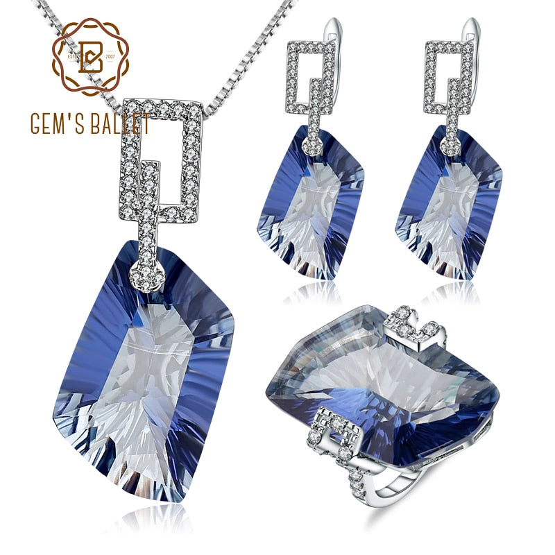 GEM'S BALLET Irregular Natural Iolite Blue Mystic Quartz Geometric Jewelry Sets 925 Sterling Silver Necklace Earrings Ring Set - luckacco