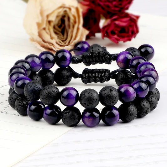 Luckacco High Quality Purple Tiger Eye Lava Beads Bracelet Women Natural Stone Healing Buddha Adjustable Bangles Jewelry Gift for Friend