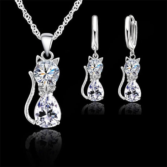 Luckacco Real 925 Sterling Silver Color Jewelry Sets for Woman Girls Shining Austrian Crystal Cute Cat Pendant Necklace Huggie Earring