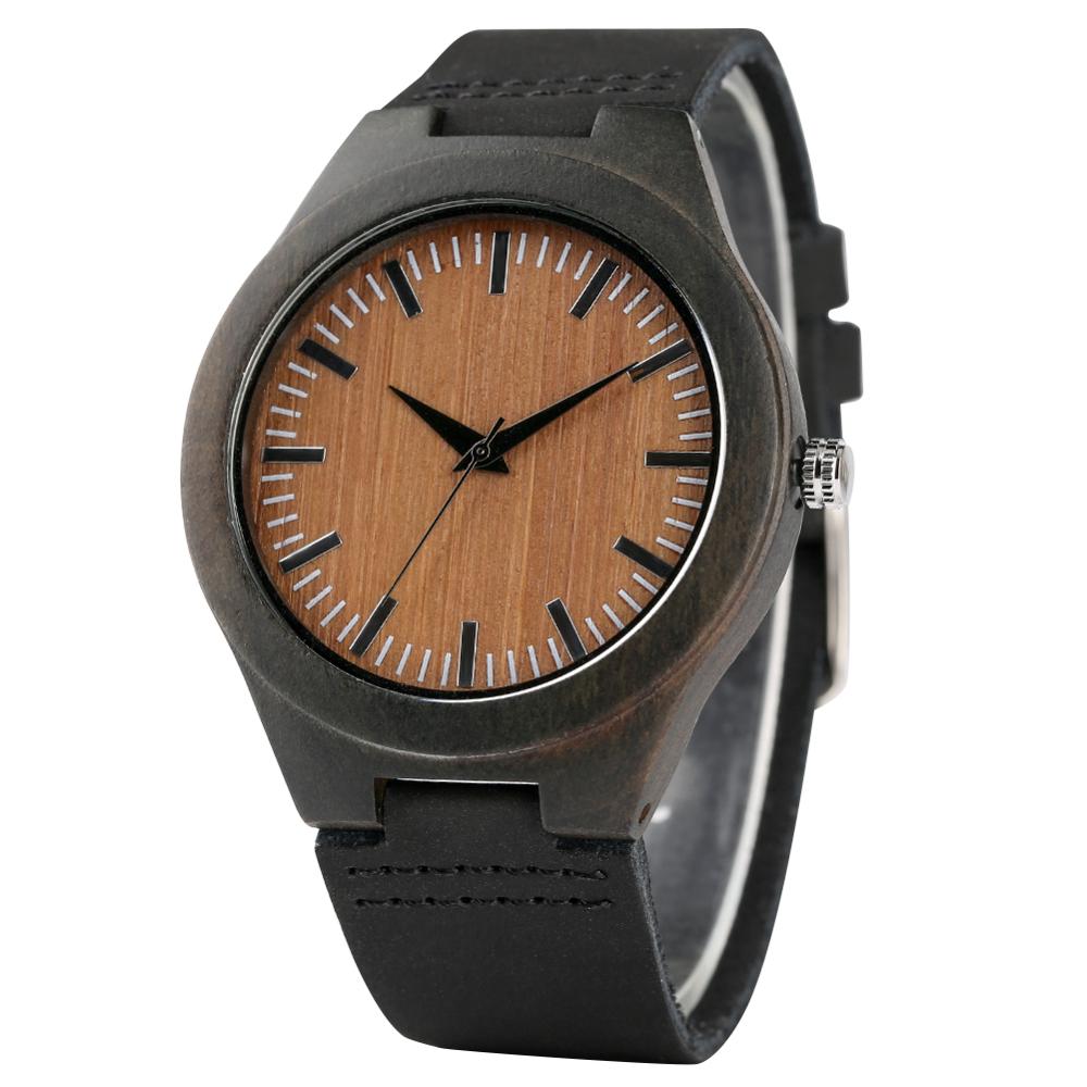 Men Watch Simple Bamboo Ebony Wood Watch Royal Blue Chic Black Quartz Watches Male Clock Hour Man Genuine Leather with Gifts Box - luckacco