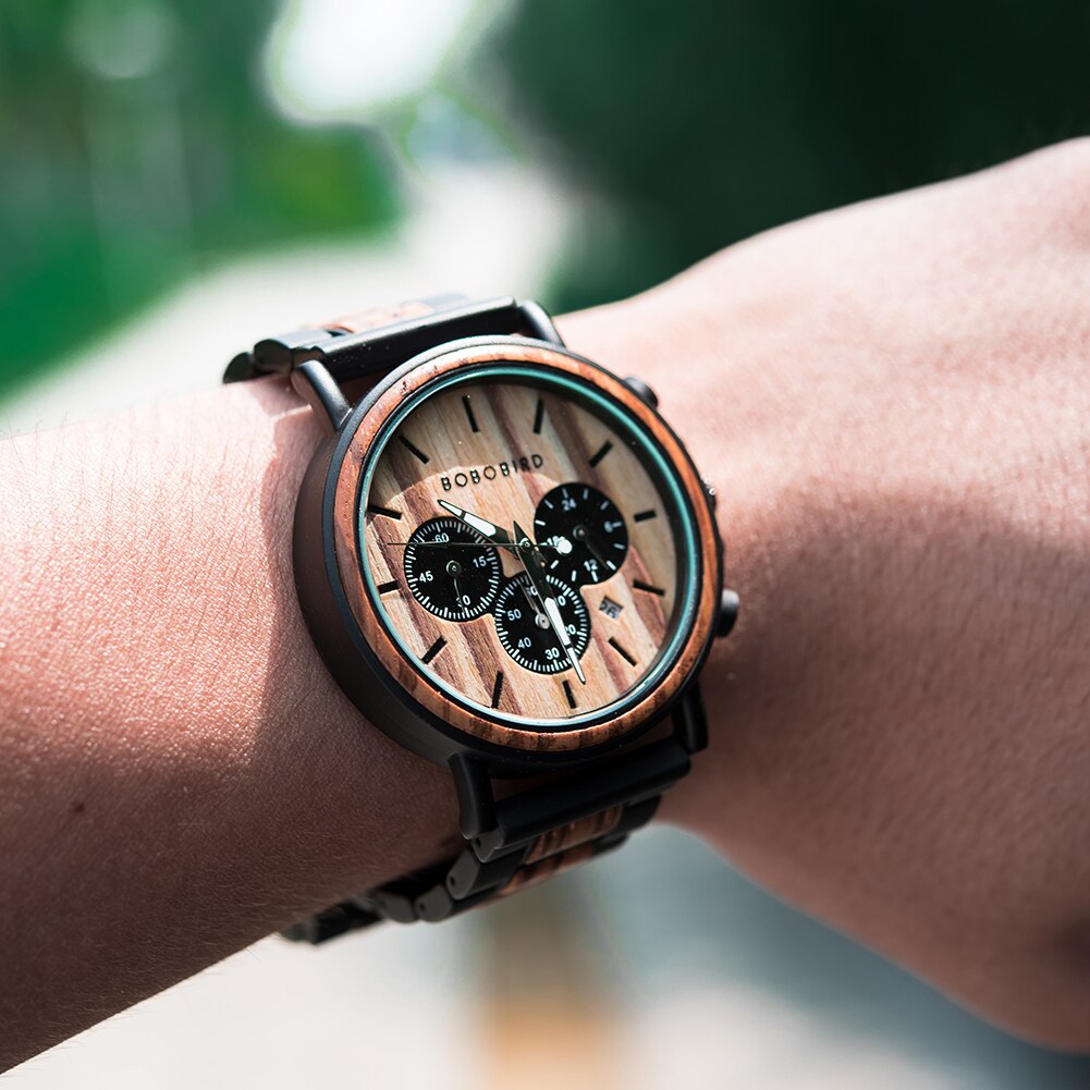 BOBOBIRD Luxury Men Watch Top Quartz Chronograph Personalized Wristwatch Timepiece Metal Wooden Strap Gift Box relogio masculino - luckacco
