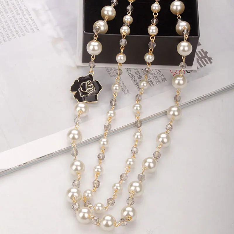 luckacco korean camellia double layerd sweater long chain pearl necklace pendant jewelry for women party