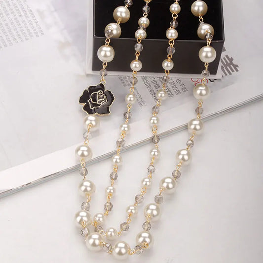 Luckacco korean Camellia double layerd sweater long chain pearl necklace pendant jewelry for women party