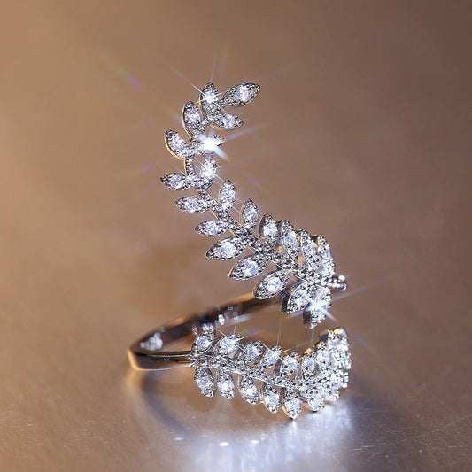 Luckacco daily picks Graceful Leaves Both End of Open Ring Silver Color Girl Cocktail Party Rings Shine Crystal Zircon Fashion Women Jewelry