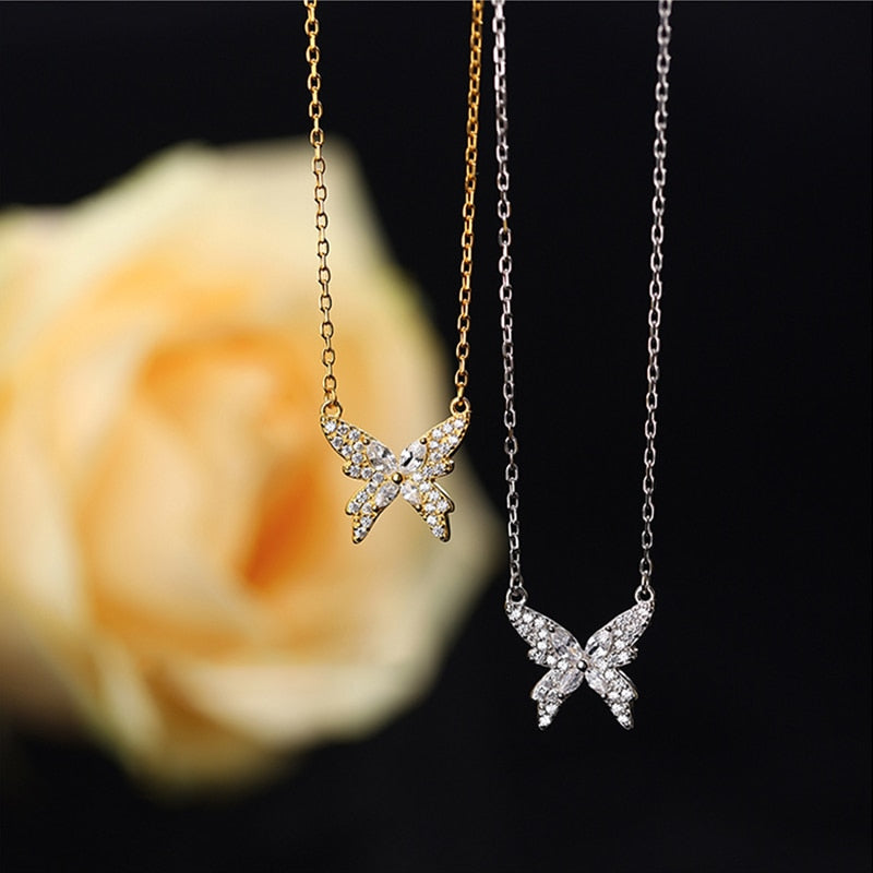 Sweet 925 Sterling Silver Butterfly Necklace Shiny Zircon Pendant Ladies Elegant Clavicle Chain Wedding Jewelry Holiday Gift -  - Luckacco Jewelry and Watch Store