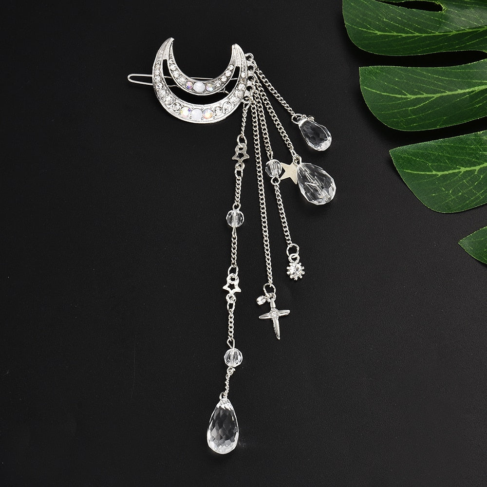 Classic Moon Crystal Rhinestone Beads Dangle Fringe Hair Clip Hair Accessories Women Bridal Jewelry decoration headpiece - luckacco