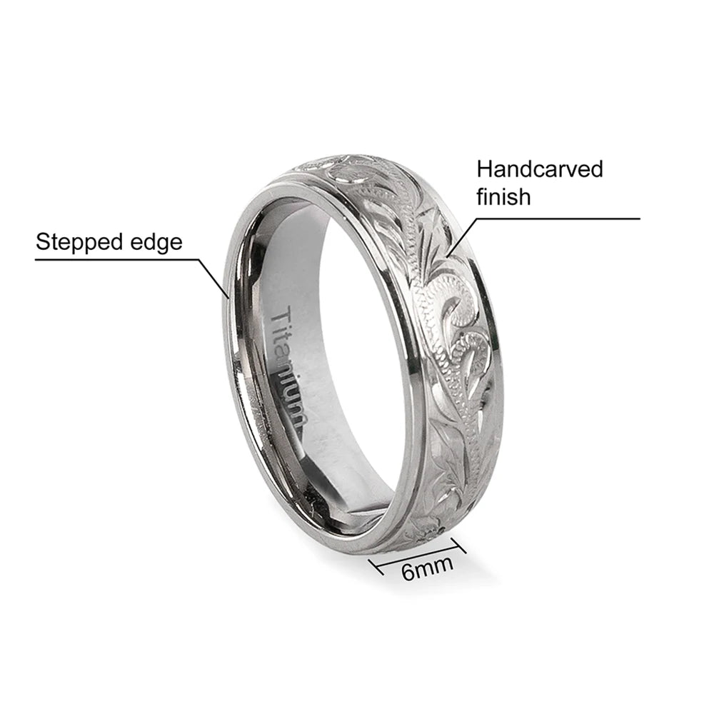 luckacco g23 titanium wedding rings with hand floral engraved,wedding band cz bezzel setting, engagement anniversary ring comfort fit