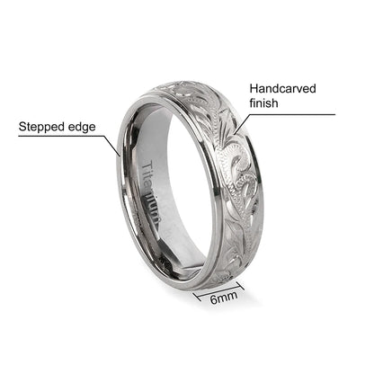 Luckacco G23 Titanium Wedding Rings with Hand Floral Engraved,Wedding Band CZ Bezzel Setting, Engagement Anniversary Ring Comfort Fit