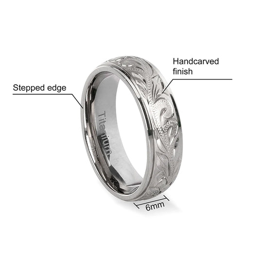 Luckacco G23 Titanium Wedding Rings with Hand Floral Engraved,Wedding Band CZ Bezzel Setting, Engagement Anniversary Ring Comfort Fit