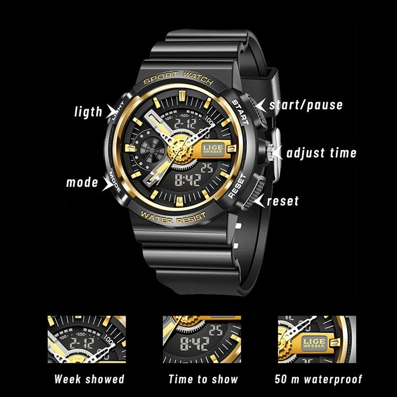 LIGE Military Kids Sport Watches 50M Waterproof Electronic Wristwatch Stop Watch Clock Children Digital Watch For Boys Girls+Box - luckacco